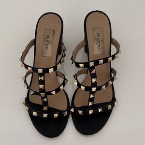 Valentino Black Leather Rockstud Open Toe Heels Sandals Shoes Size EU 36.5 6.5